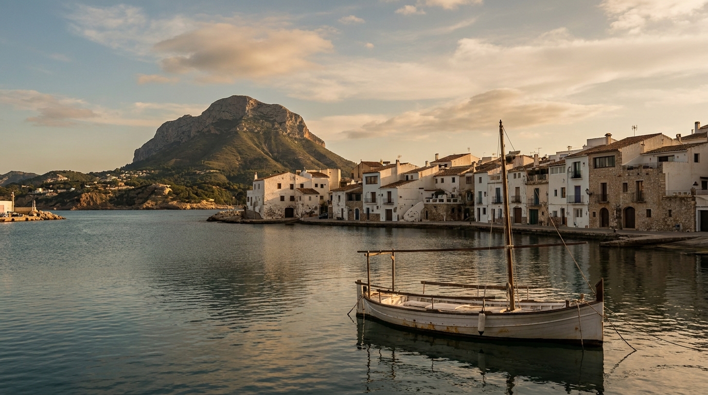 Jávea natural harbour with Montgó massif — the Costa Blanca home of Weir Digital Media